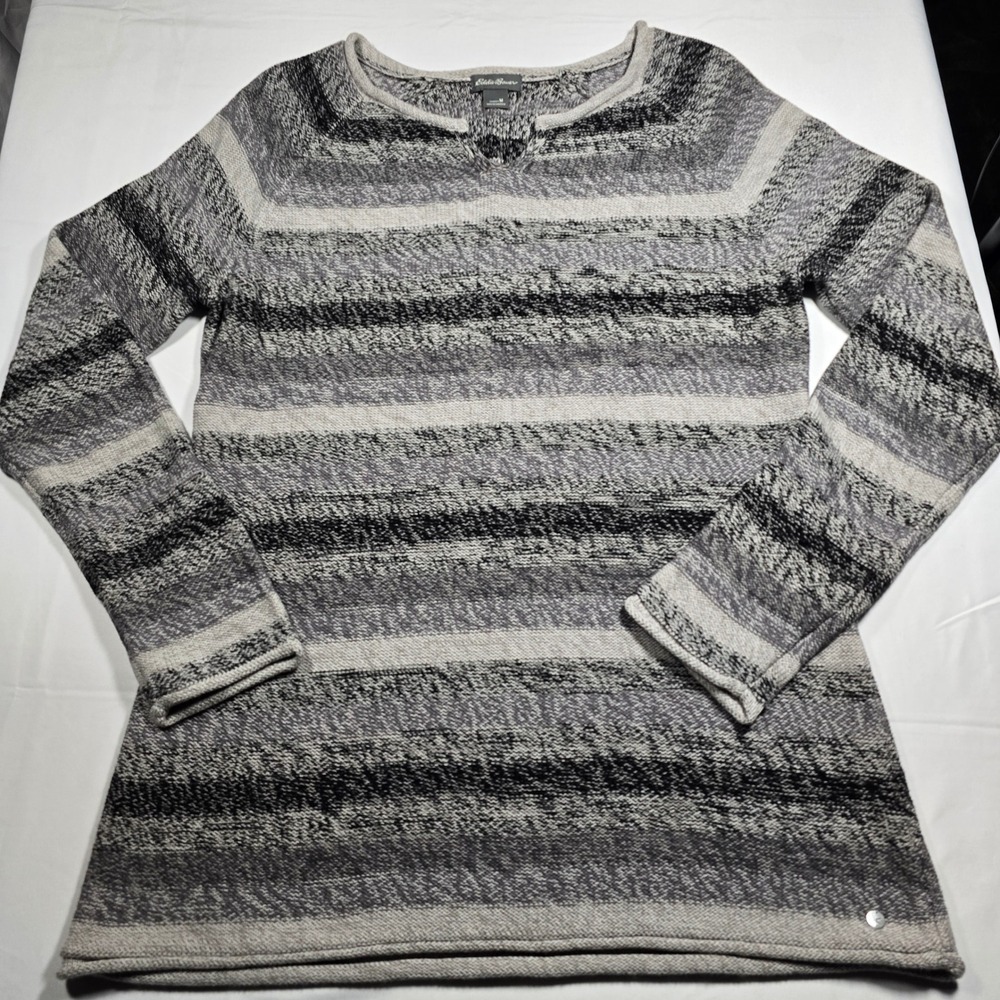 Eddie Bauer Womens Medium Gray Striped Cotton Split Neck Sweater